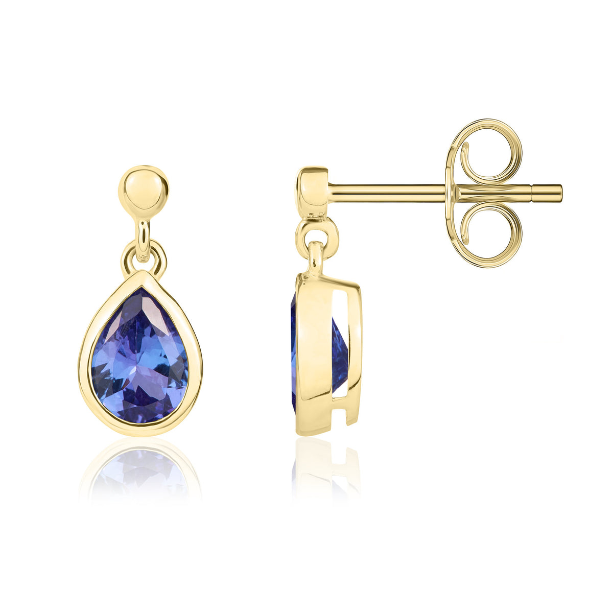 9CT YG 6X4MM PEARSHAPE TANZANITE RUBOVER DROP EARRINGS WITH 2.5MM BEAD TOP