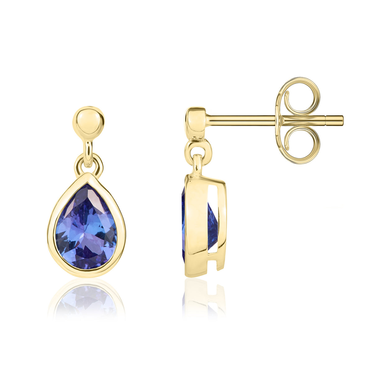 9CT YG 7X5 PEARSHAPE TANZANITE RUBOVER DROP EARRINGS WITH BEAD TOP