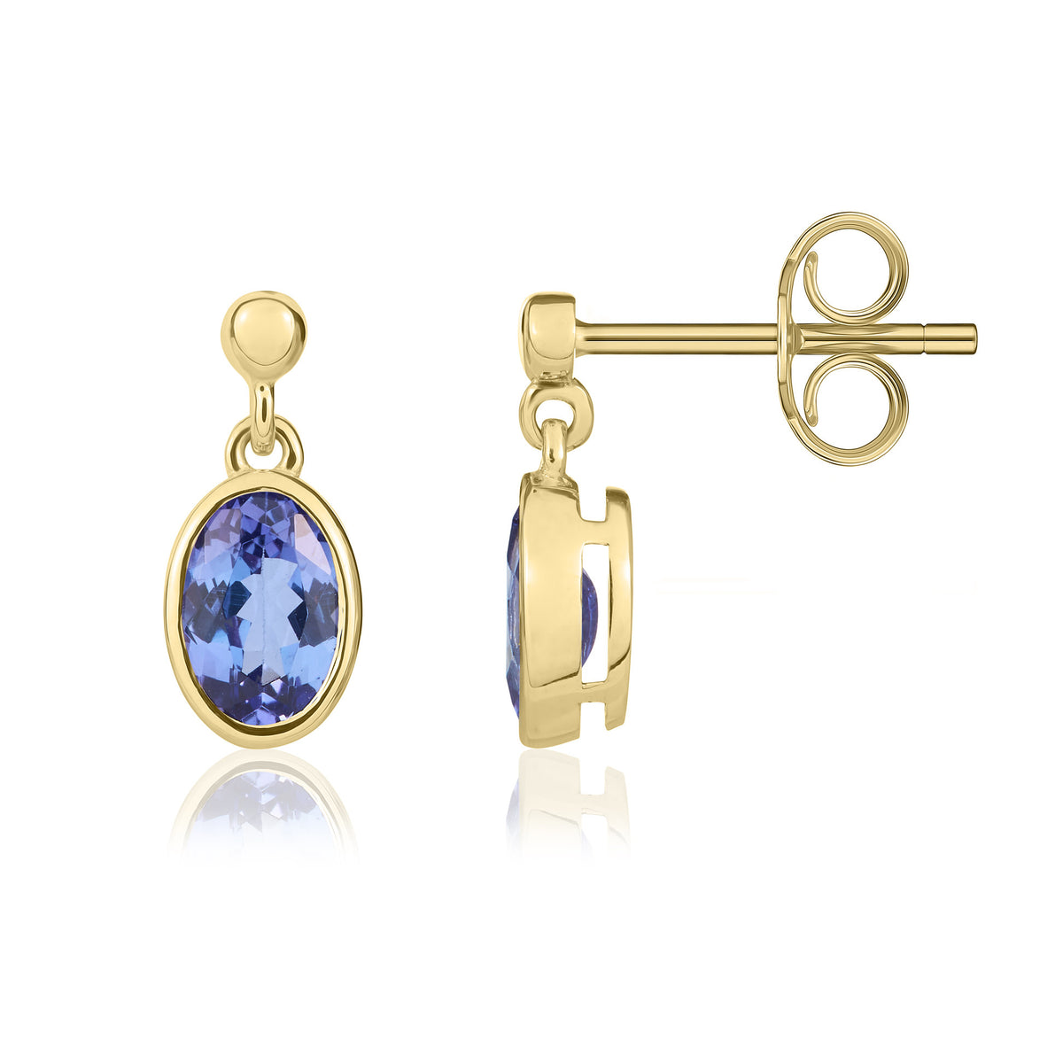 9CT YG 6X4 OVAL TANZANITE RUBOVER DROP EARRINGS WITH 2.5MM BEAD TOP