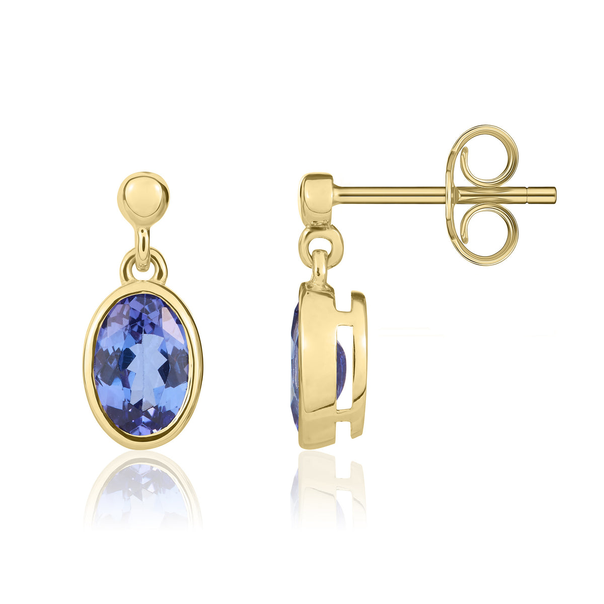 9CT YG 7X5MM OVAL TANZANITE RUBOVER DROP EARRINGS WITH BEAD TOP