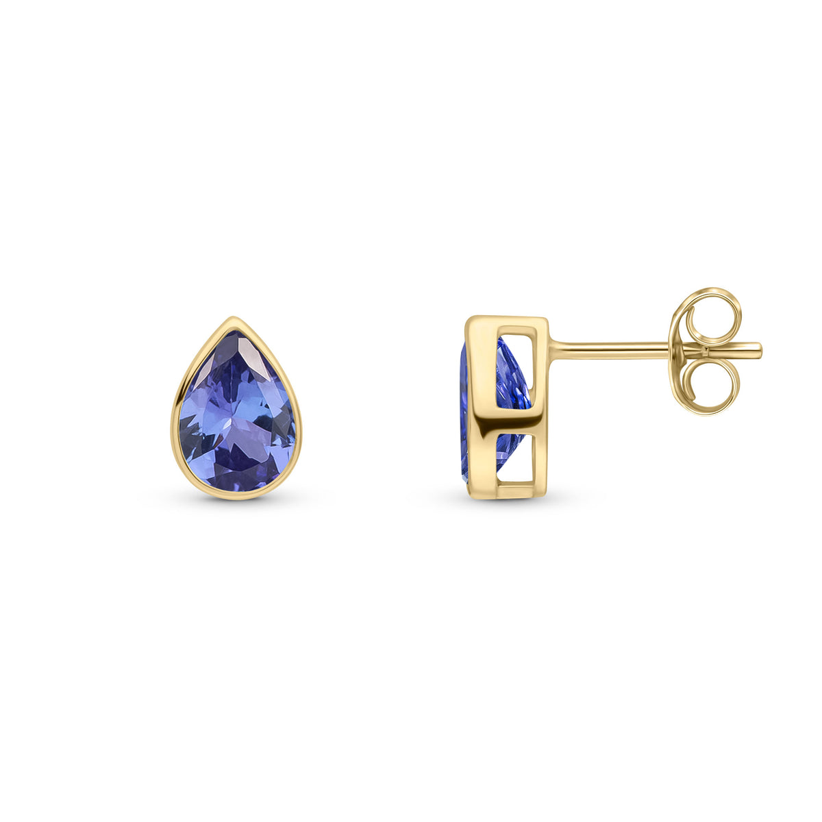 9CT YG 7X5 PEARSHAPE TANZANITE RUBOVER SET EARRINGS