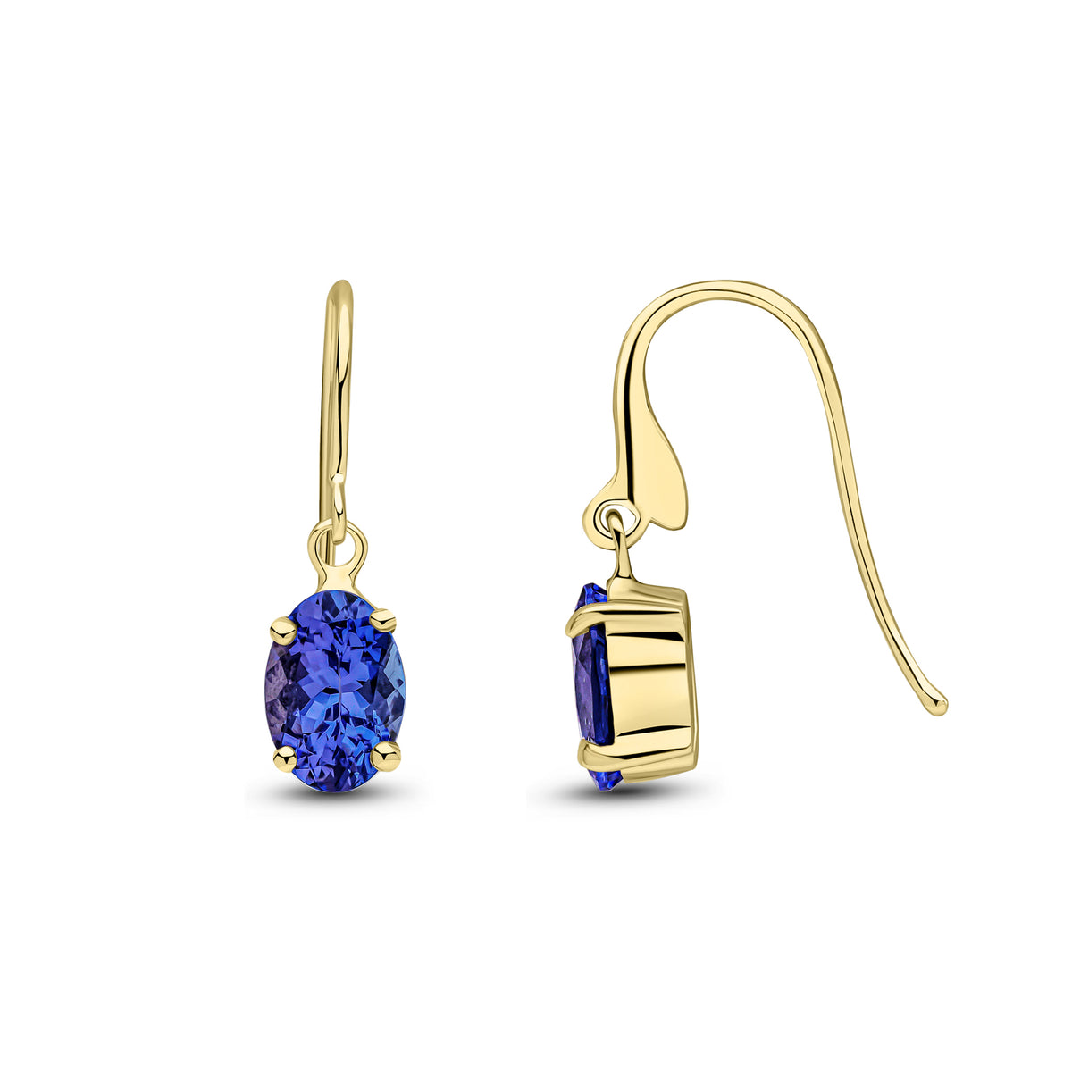 9CT YG 7X5 OVAL TANZANITE CLAW SET DROP EARRINGS WITH HOOK WIRE FITTING
