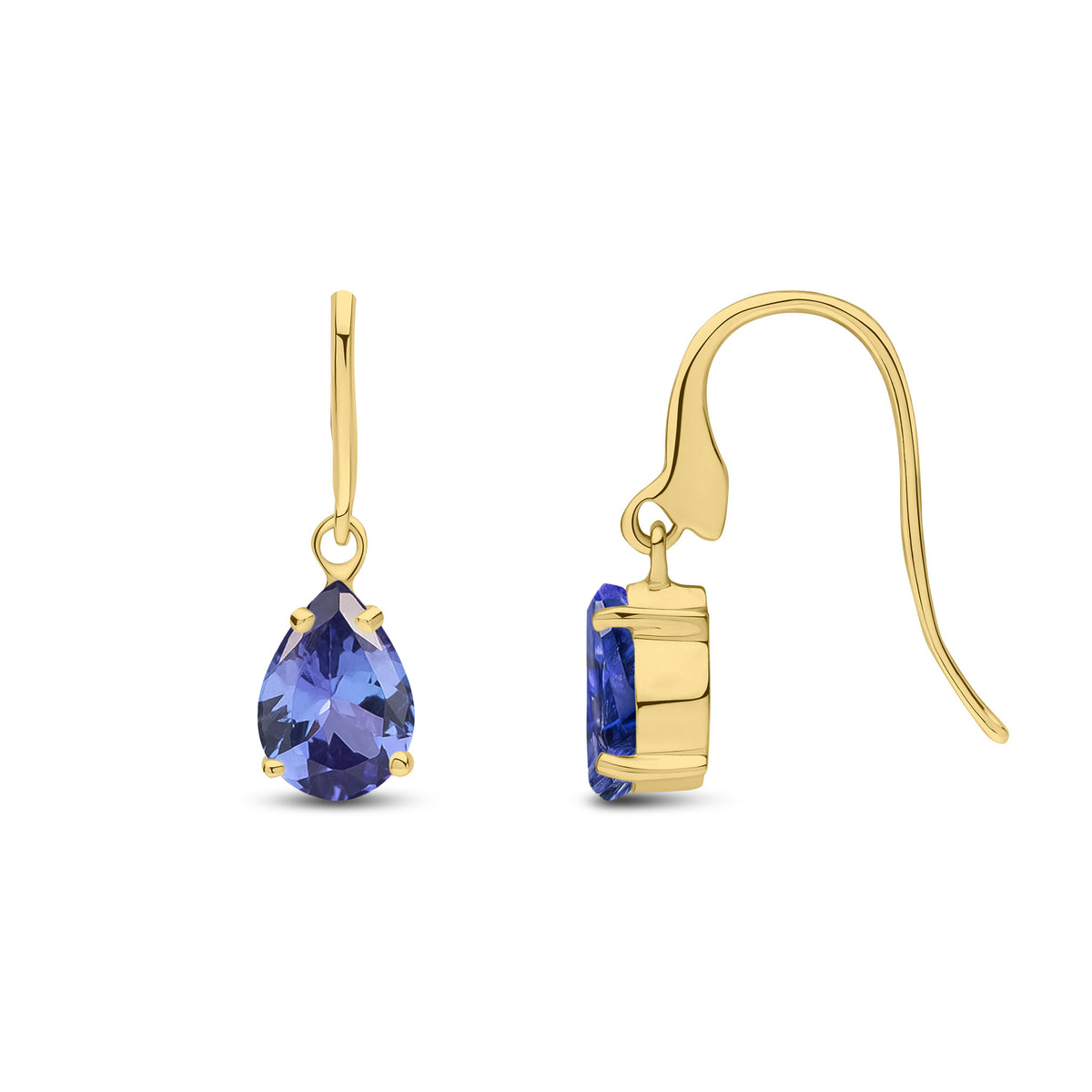 9CT YG 7X5MM PEARSHAPE TANZANITE CLAW SET WIRE HOOK DROP EARRINGS