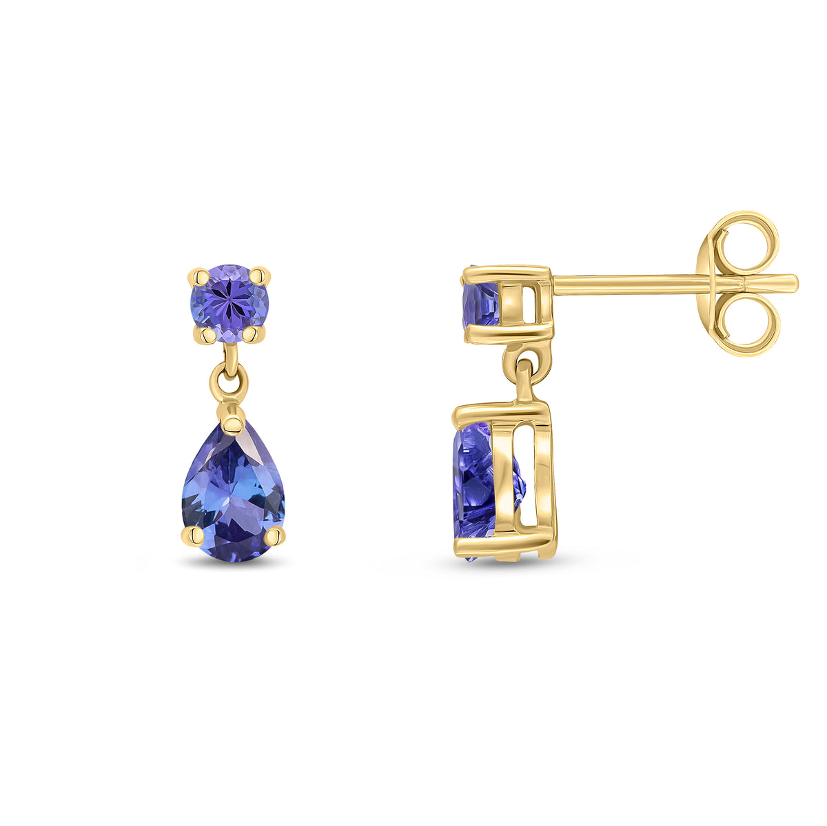 9CT YG ROUND AND PEARSHAPE TANZANITE 2ST CLAW SET DROP EARRINGS