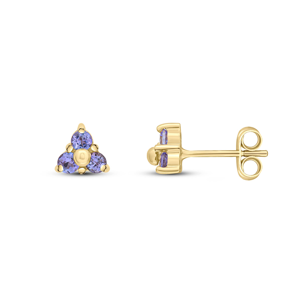 9CT YG ROUND TANZANITE CLAW SET TREFOIL EARRINGS
