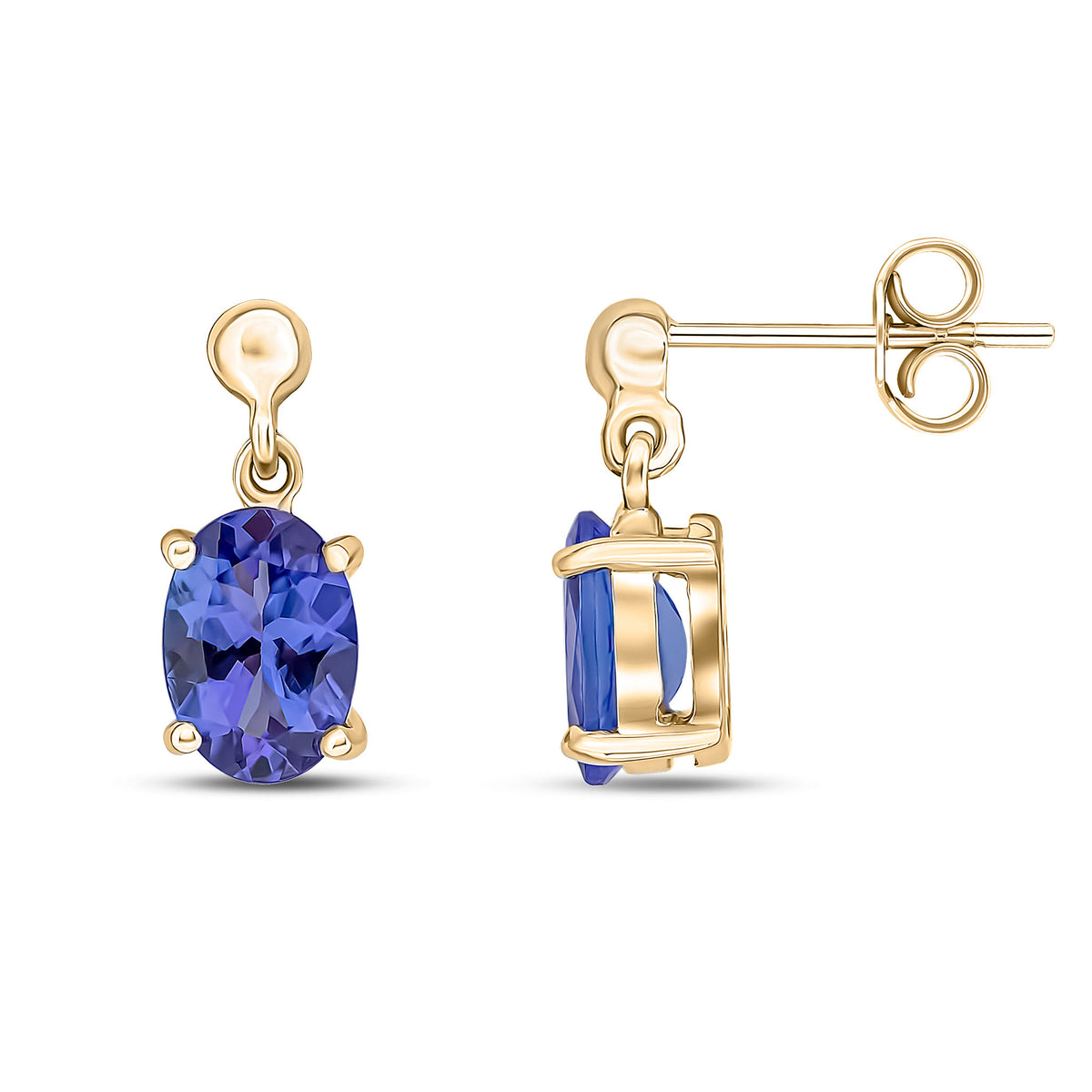 9CT YG 7X5 OVAL TANZANITE CLAW SET DROP EARRINGS WITH BEAD TOP