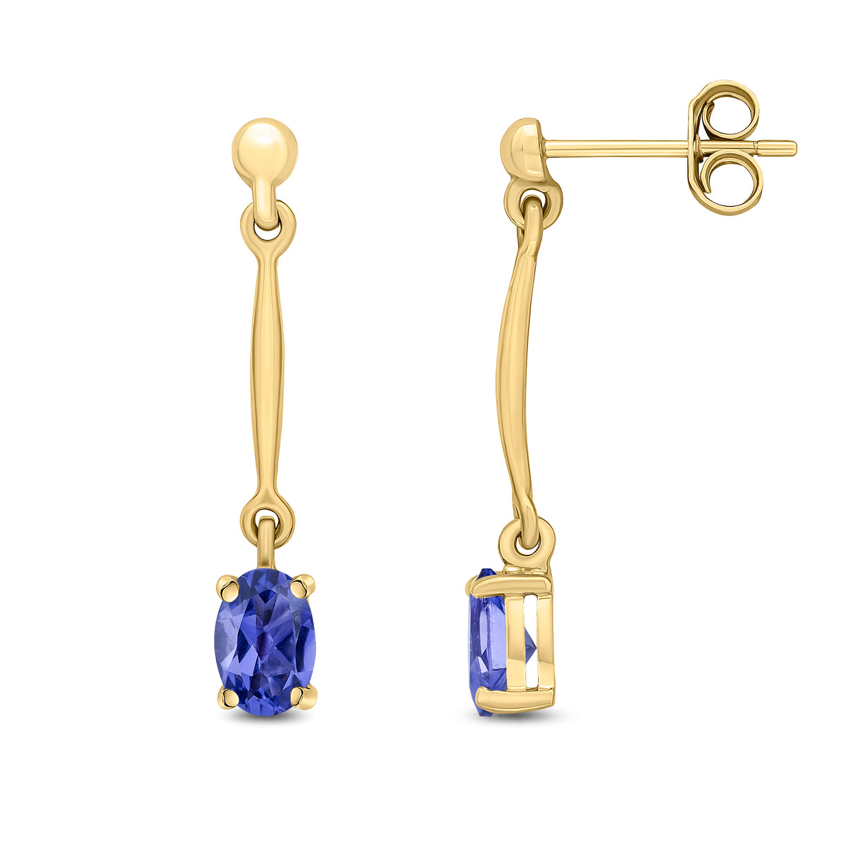 9CT YG CLAW SET 6X4MM OVAL TANZANITE AND BAR DROP EARRINGS