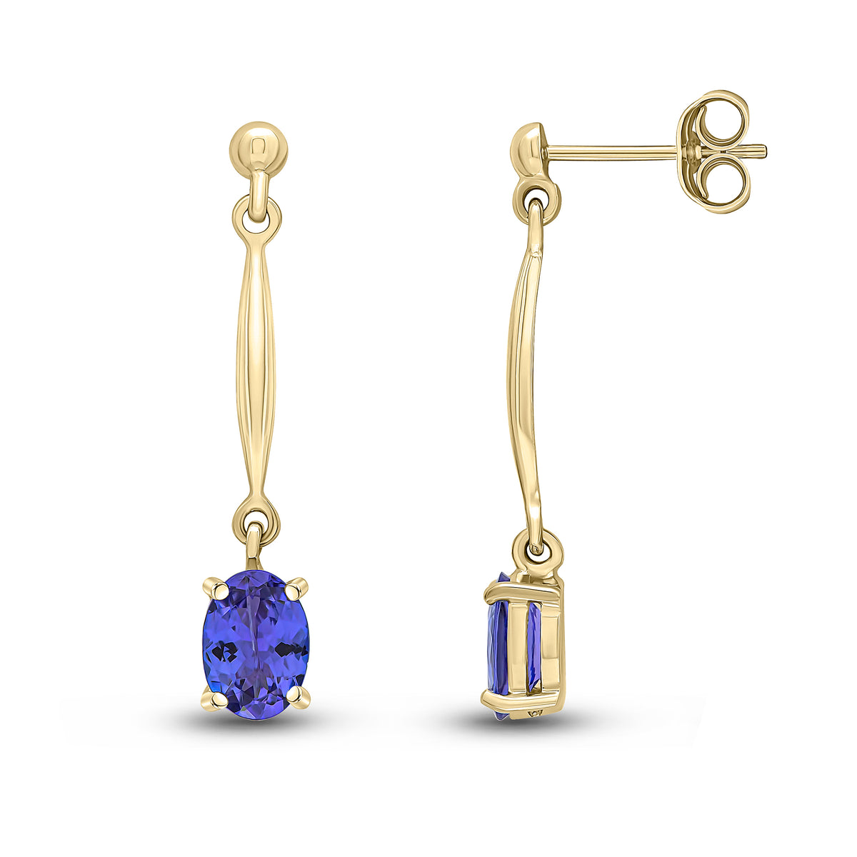 9CT YG 7X5MM OVAL TANZANITE AND BAR DROP EARRINGS WITH BEAD TOP