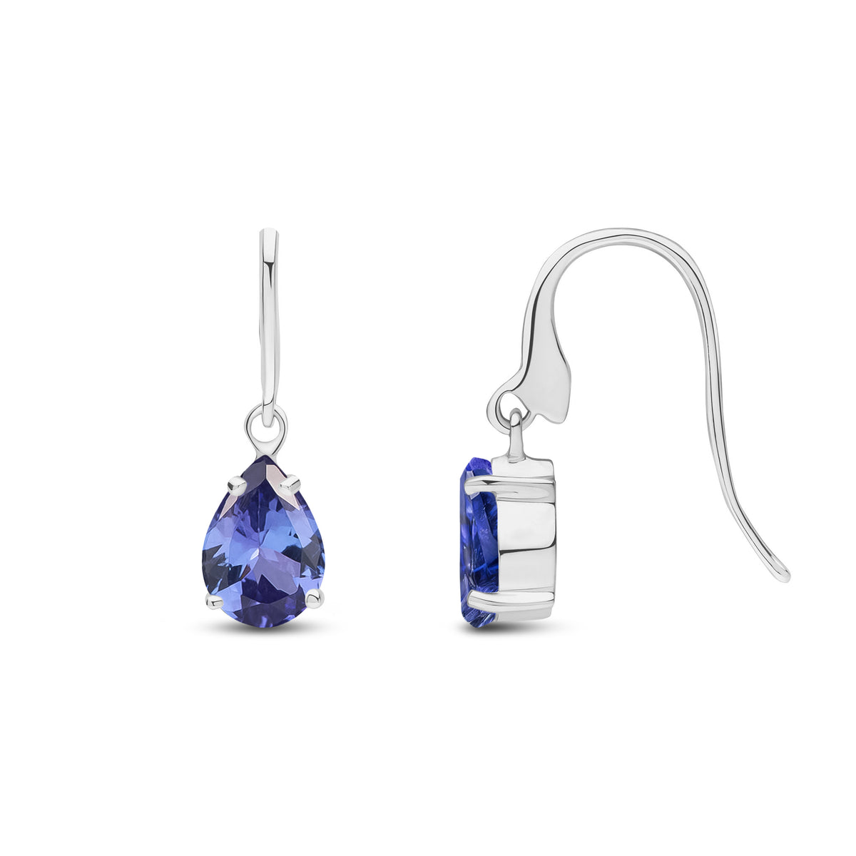 9CT WG 7X5MM PEARSHAPE TANZANITE CLAW SET WIRE HOOK DROP EARRINGS