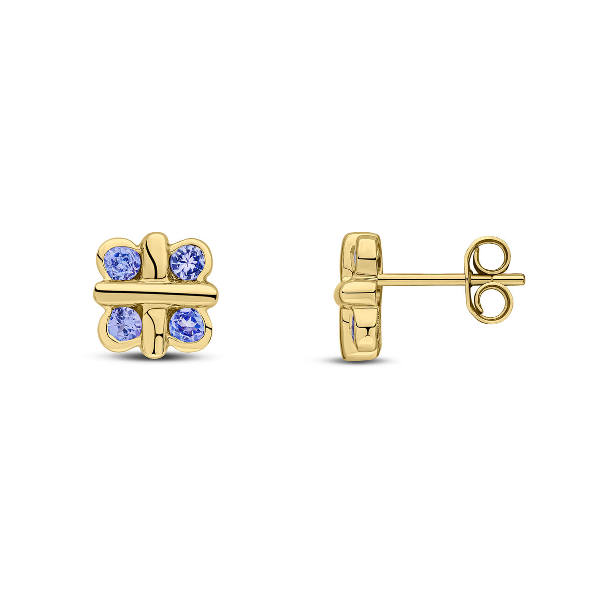 9CT YELLOW GOLD ROUND TANZANITE RUBOVER QUATREFOIL STUD EARRINGS WITH CROSS CENTRE