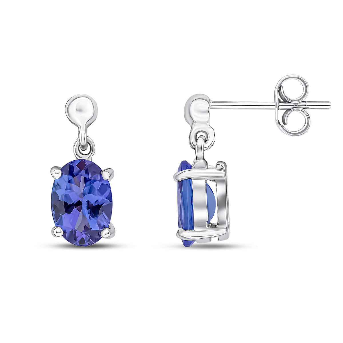 9CT WG 7X5 OVAL TANZANITE CLAW SET DROP EARRINGS WITH BEAD TOP