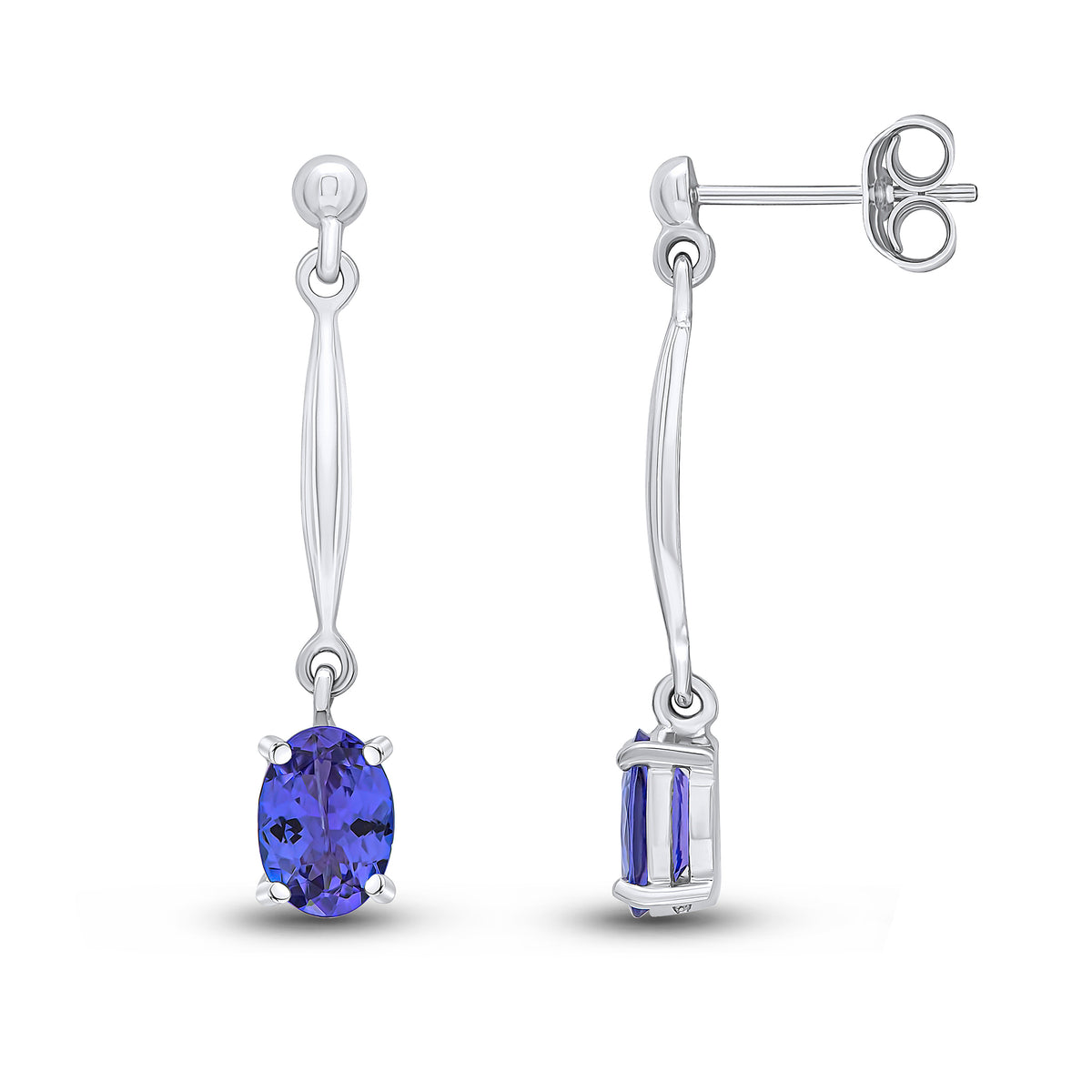 9CT WG 7X5MM OVAL TANZANITE AND BAR DROP EARRINGS WITH BEAD TOP
