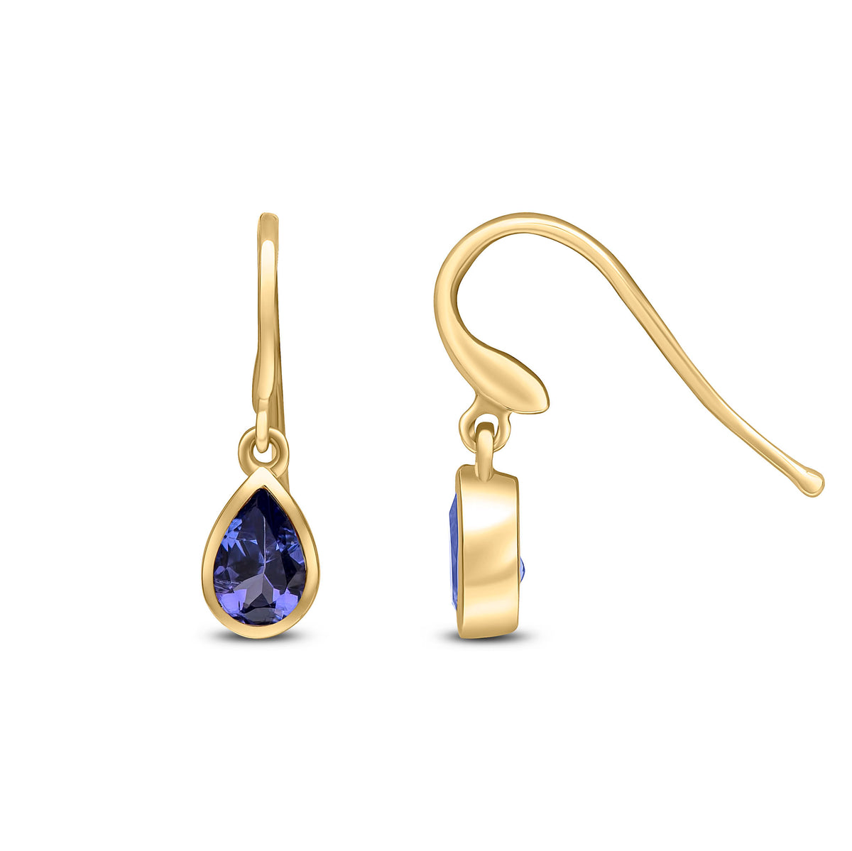 9CT YG 6X4 PEARSHAPE TANZANITE RUBOVER DROP EARRINGS. HOOK WIRE FITTING