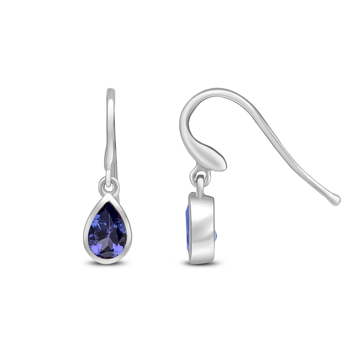 9CT WG 6X4 PEARSHAPE TANZANITE RUBOVER DROP EARRINGS. HOOK WIRE FITTING