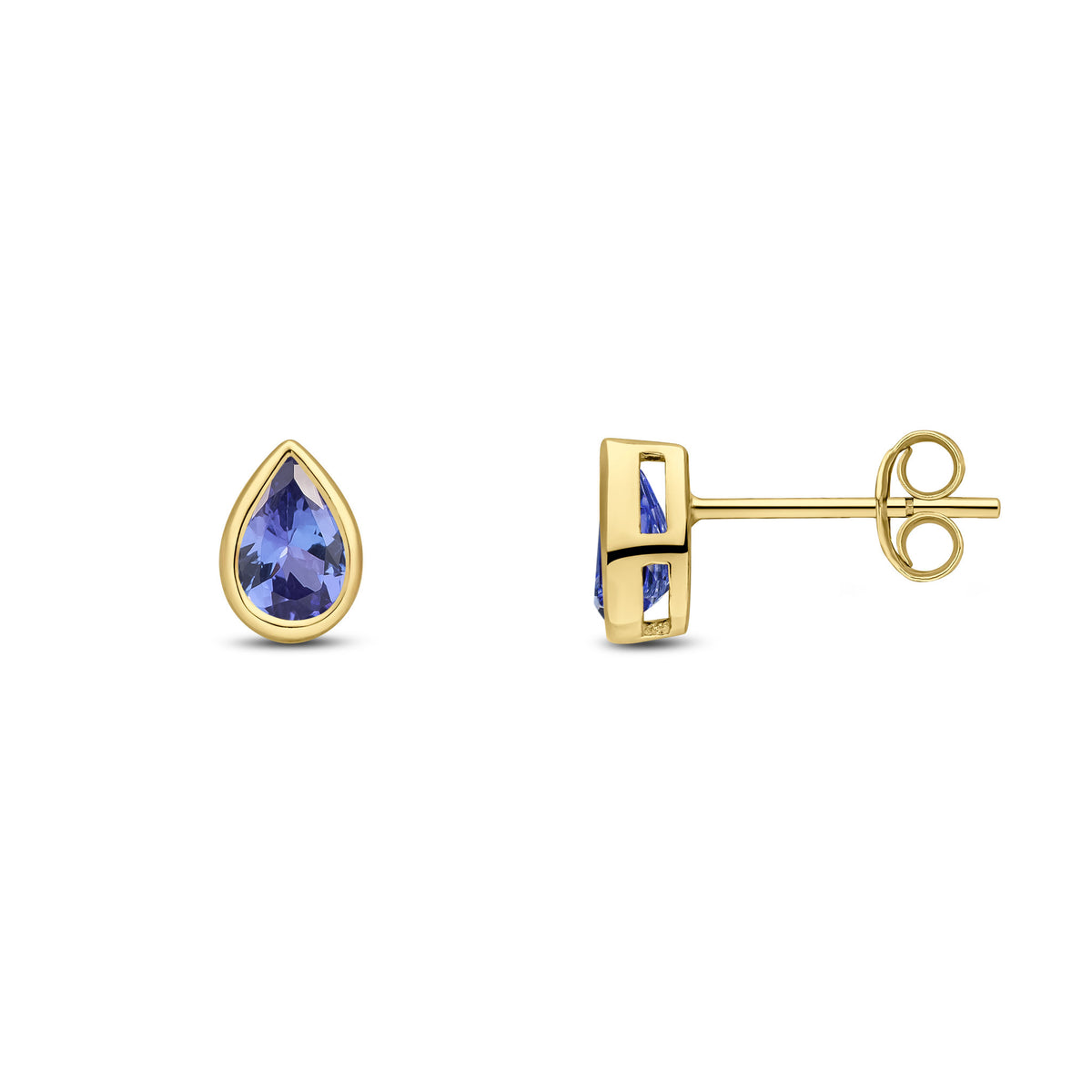 9CT YG 6X4 PEARSHAPE TANZANITE RUBOVER SET EARRINGS