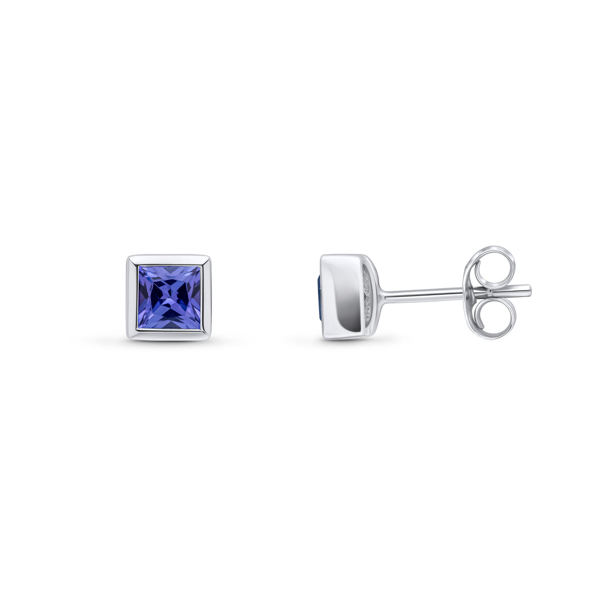 9CT WG 4MM SQUARE TANZANITE RUBOVER SET EARRINGS