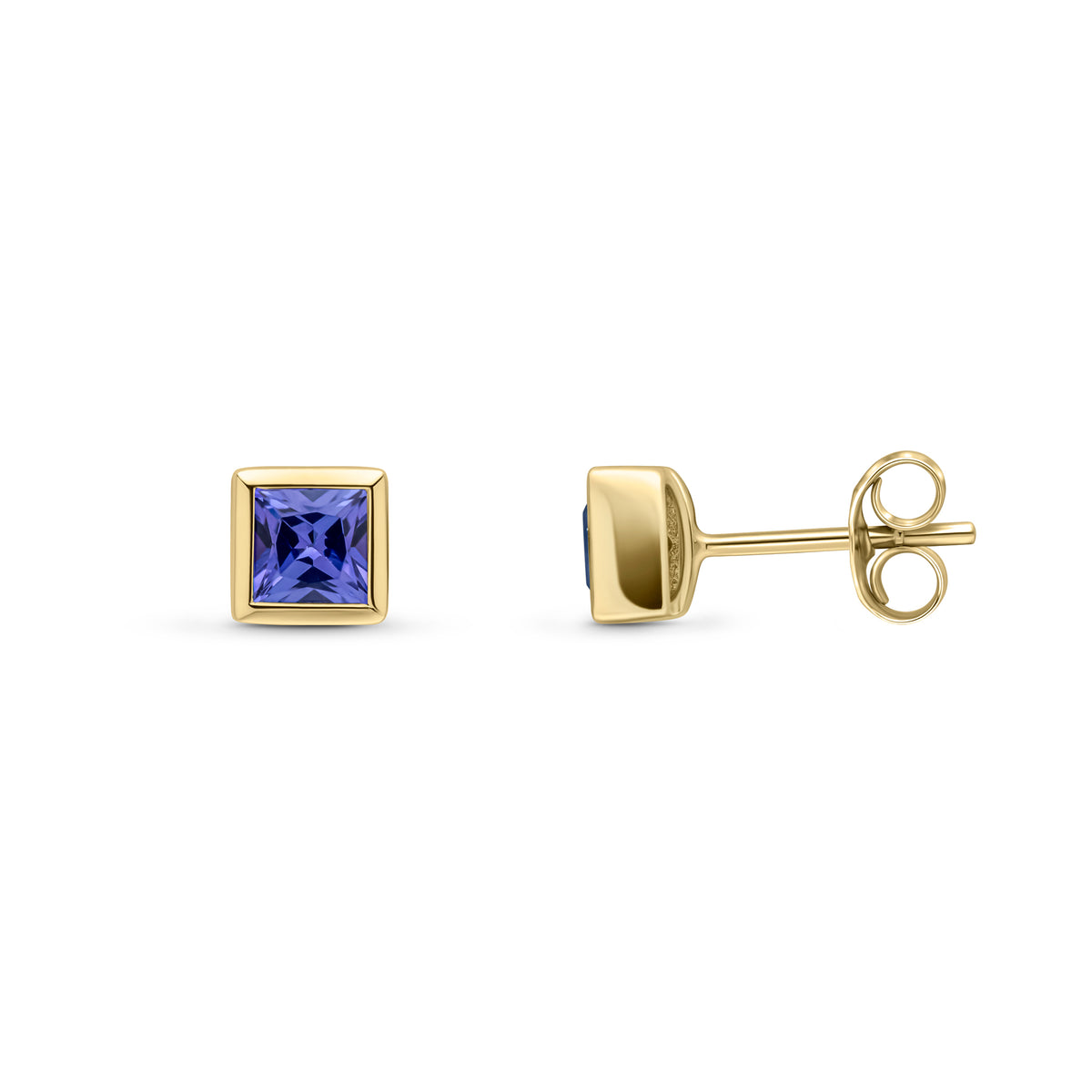 9CT YG 4MM SQUARE TANZANITE RUBOVER SET STUD EARRINGS