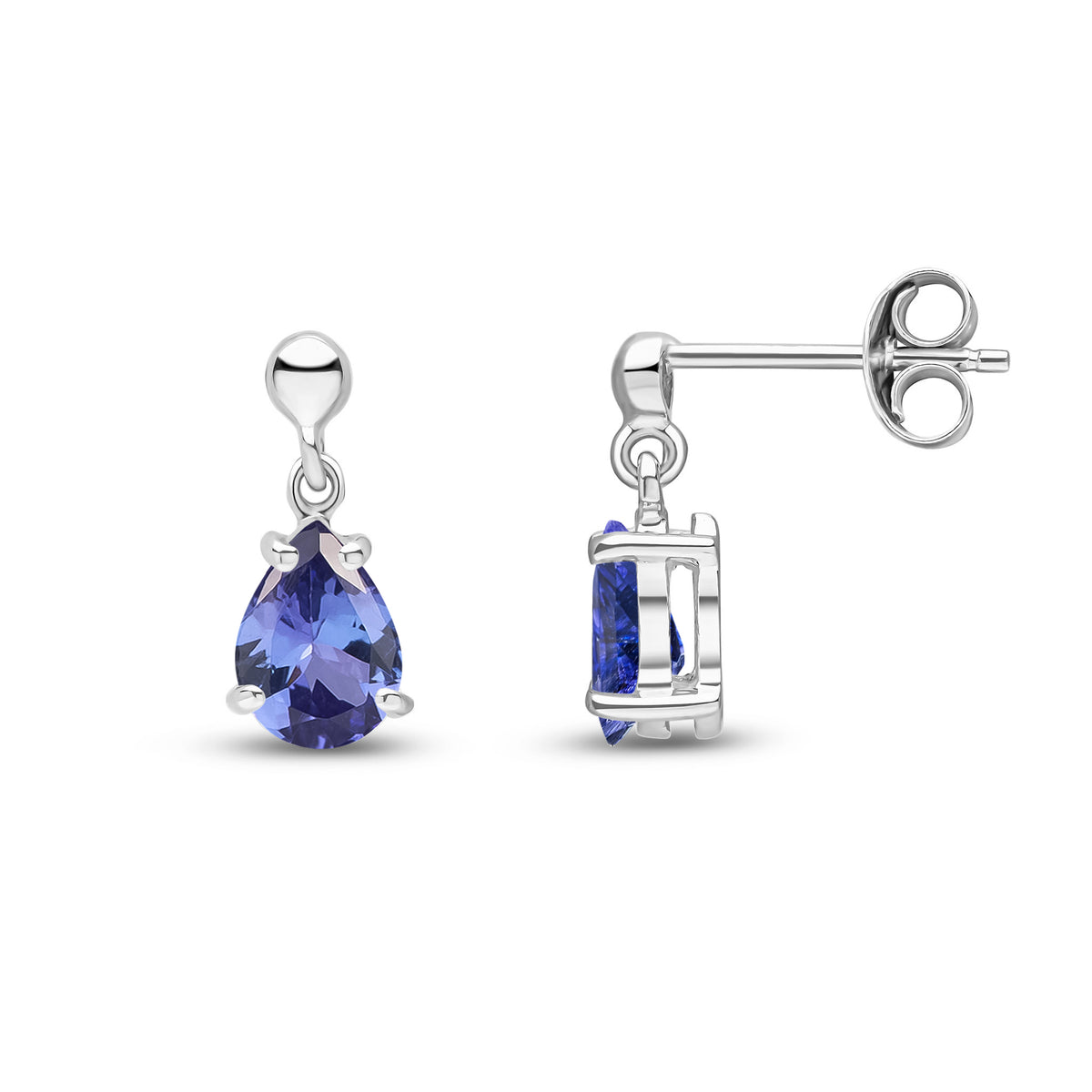 9CT WG 7X5 PEARSHAPE TANZANITE CLAW SET DROP EARRINGS WITH BEAD TOP