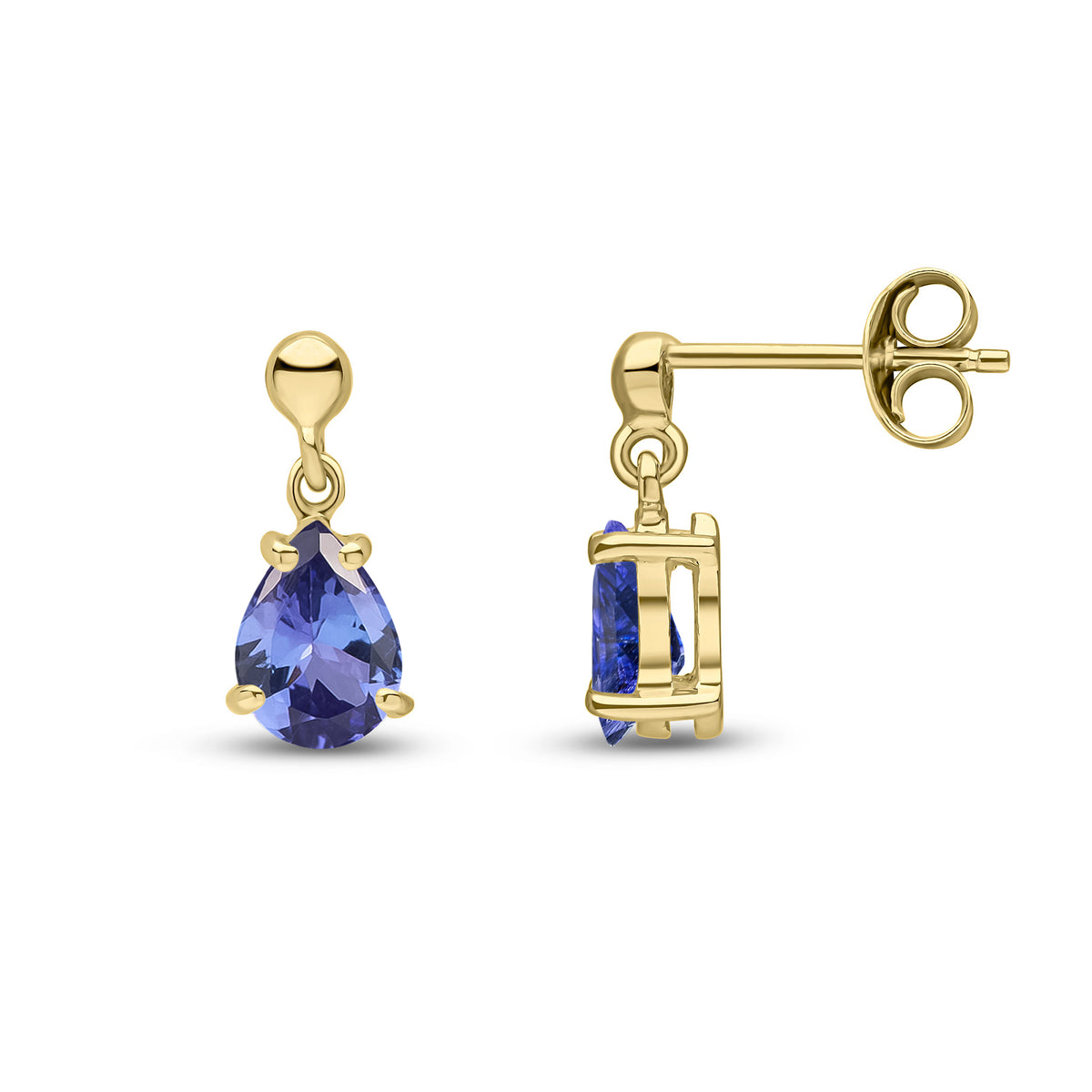 9CT YG 7X5 PEARSHAPE TANZANITE CLAW SET DROP EARRINGS WITH BEAD TOP