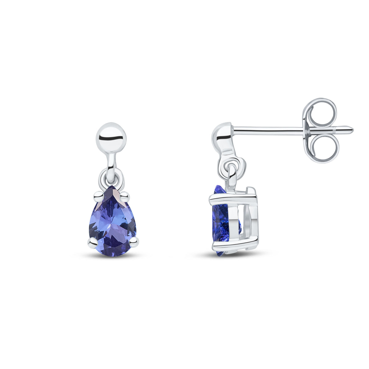 9CT WG 6X4 PEARSHAPE TANZANITE CLAW SET DROP EARRINGS WITH BEAD STUD TOP