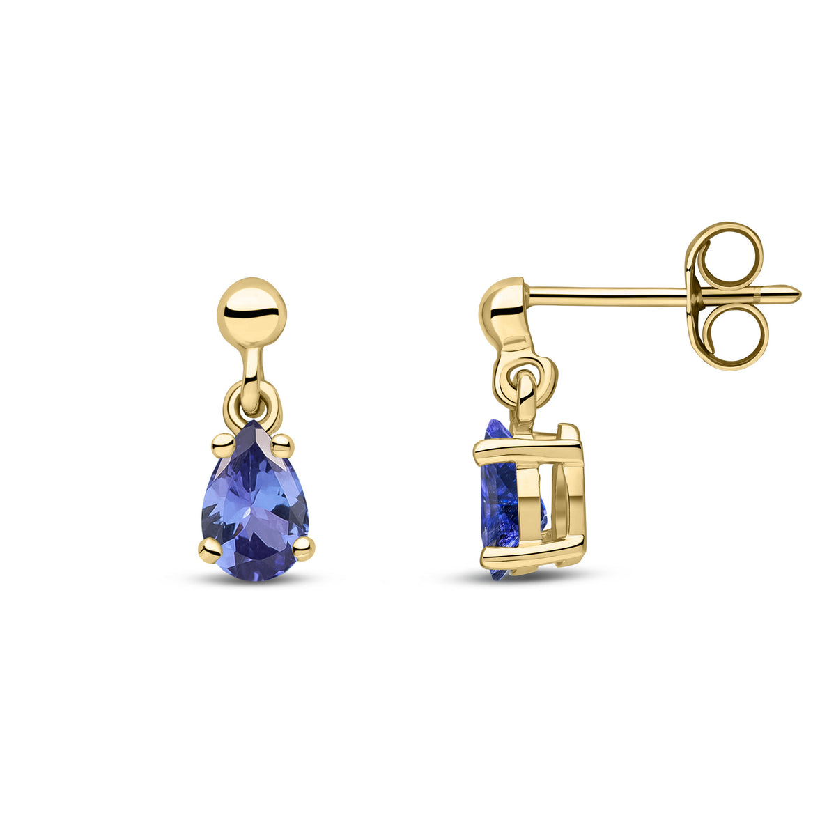 9CT YG 6X4 PEARSHAPE TANZANITE CLAW SET DROP EARRINGS WITH BEAD STUD TOP