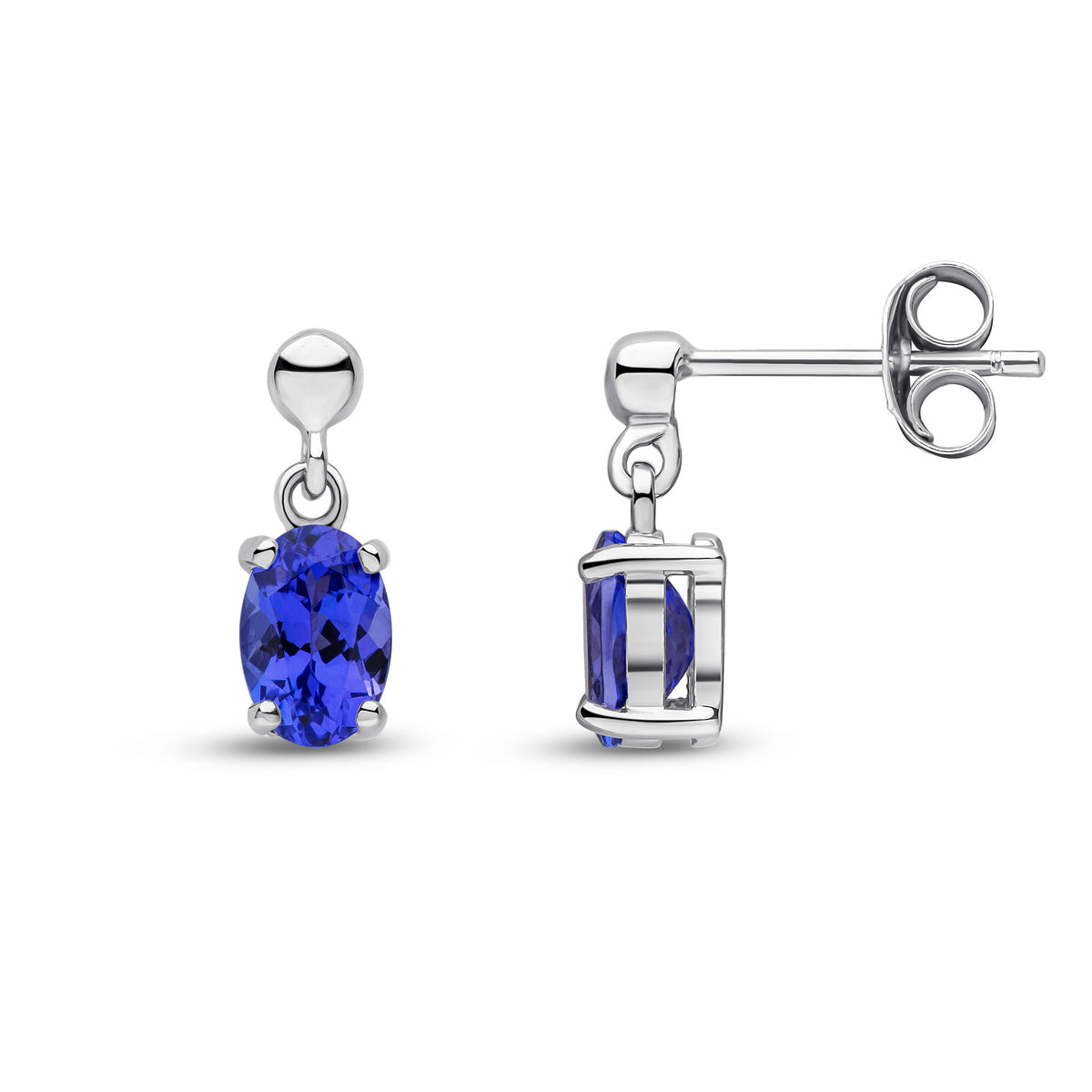 9CT WG 6X4 OVAL TANZANITE CLAW SET DROP EARRINGS WITH BEAD TOP