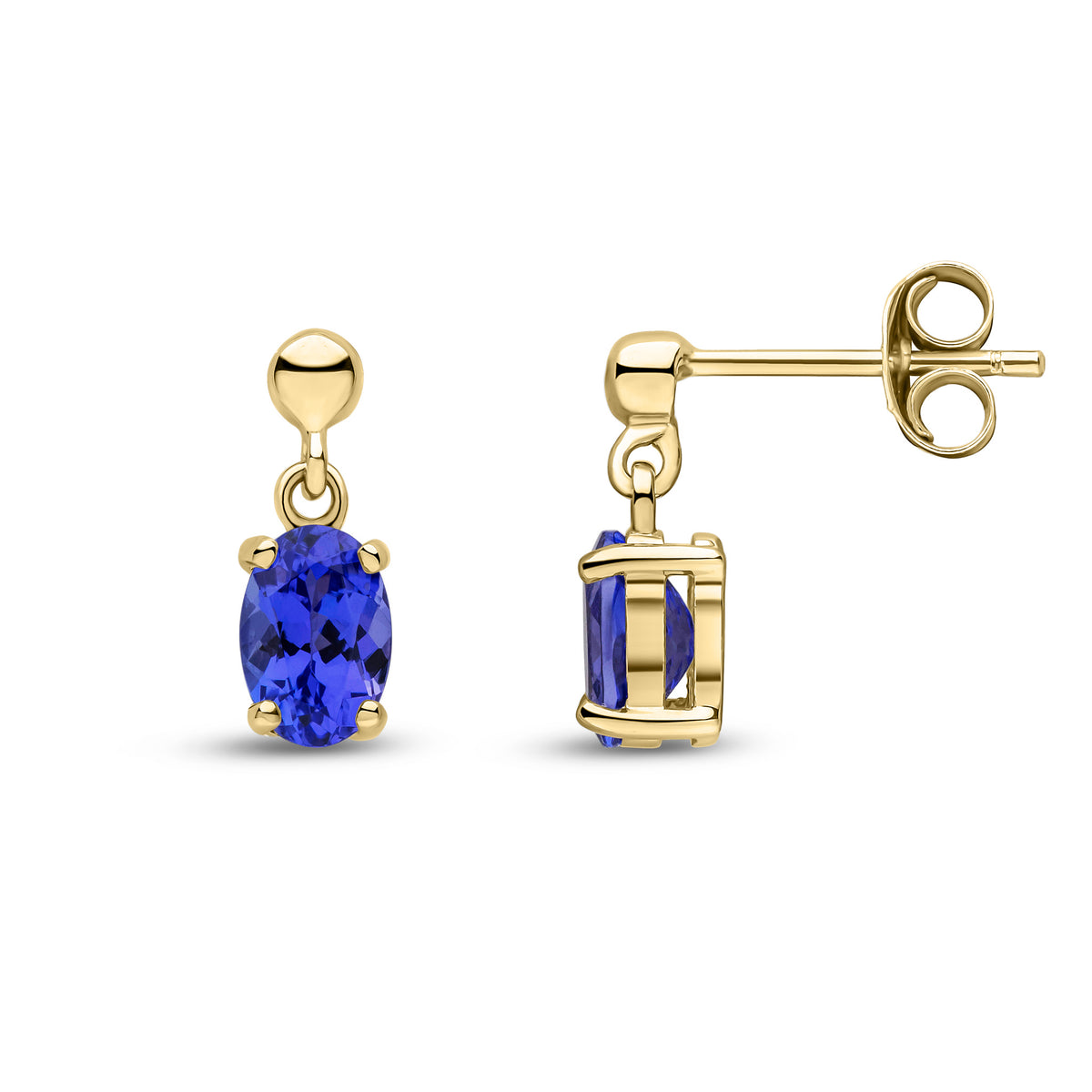 9CT YG 6X4 OVAL TANZANITE CLAW SET DROP EARRINGS WITH BEAD TOP