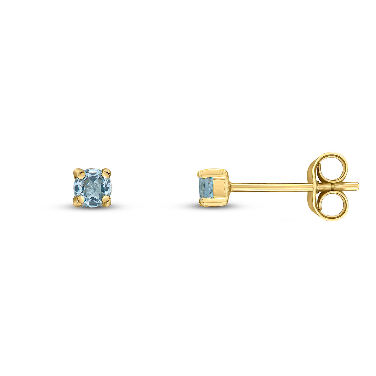 9CT YG 3MM ROUND AQUA 4 CLAW STUD EARRINGS