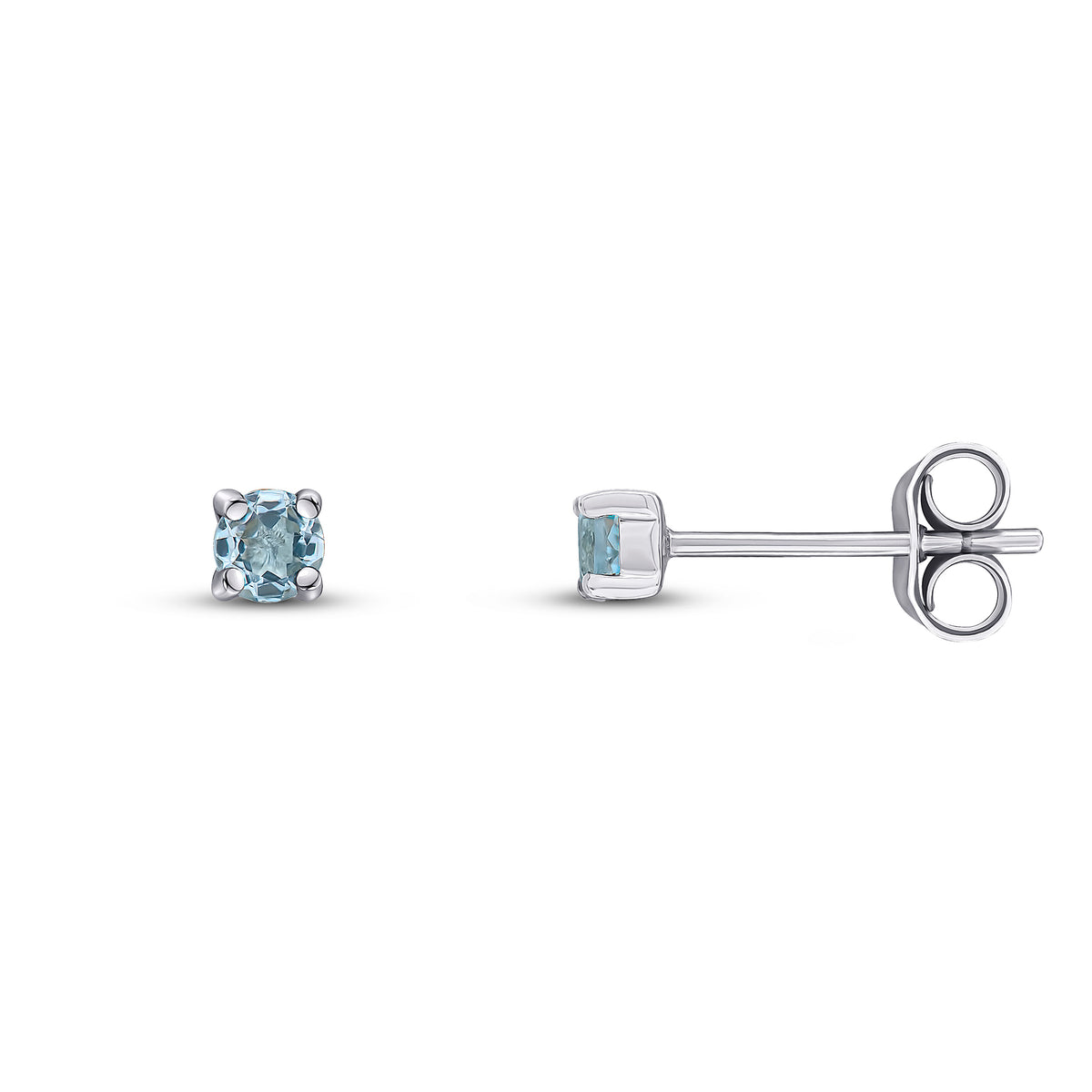 9CT WG 3MM ROUND AQUA 4 CLAW STUD EARRINGS