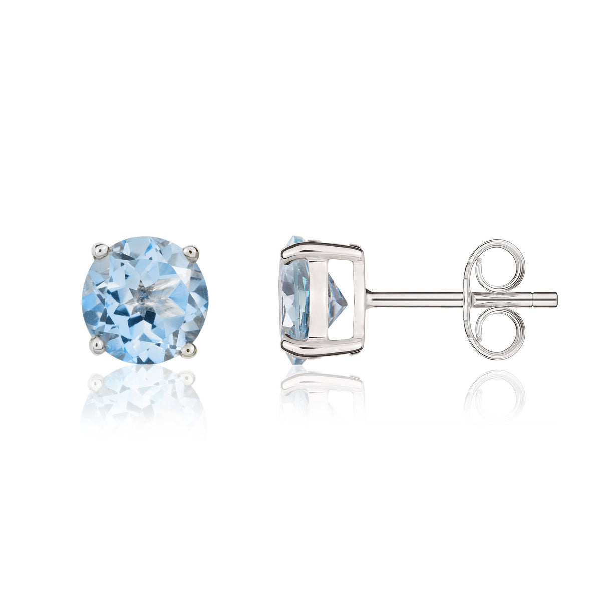 9CT WG 8MM ROUND AQUA CLAW SET EARRINGS