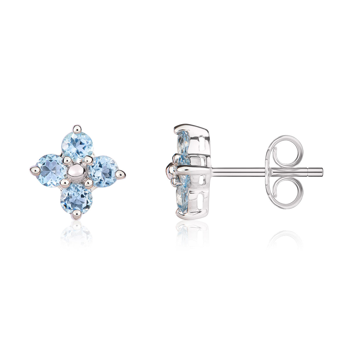 9CT WG ROUND AQUA QUATREFOIL CLAW EARRINGS