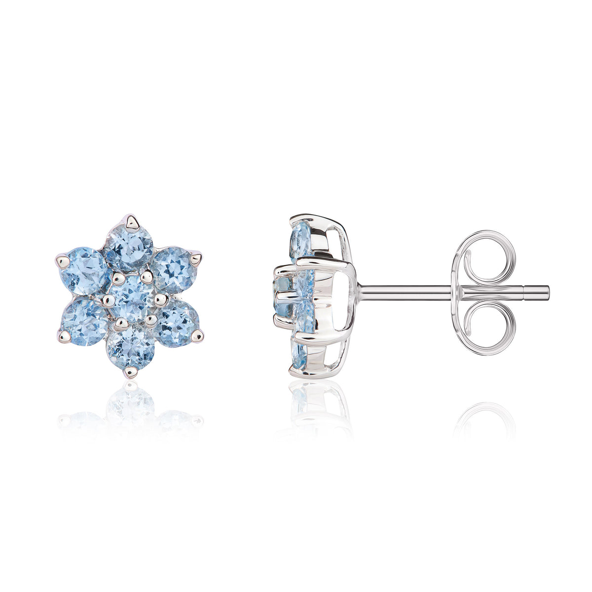 9CT WHITE GOLD ROUND AQUA 6X1 CLAW CLUSTER EARRINGS