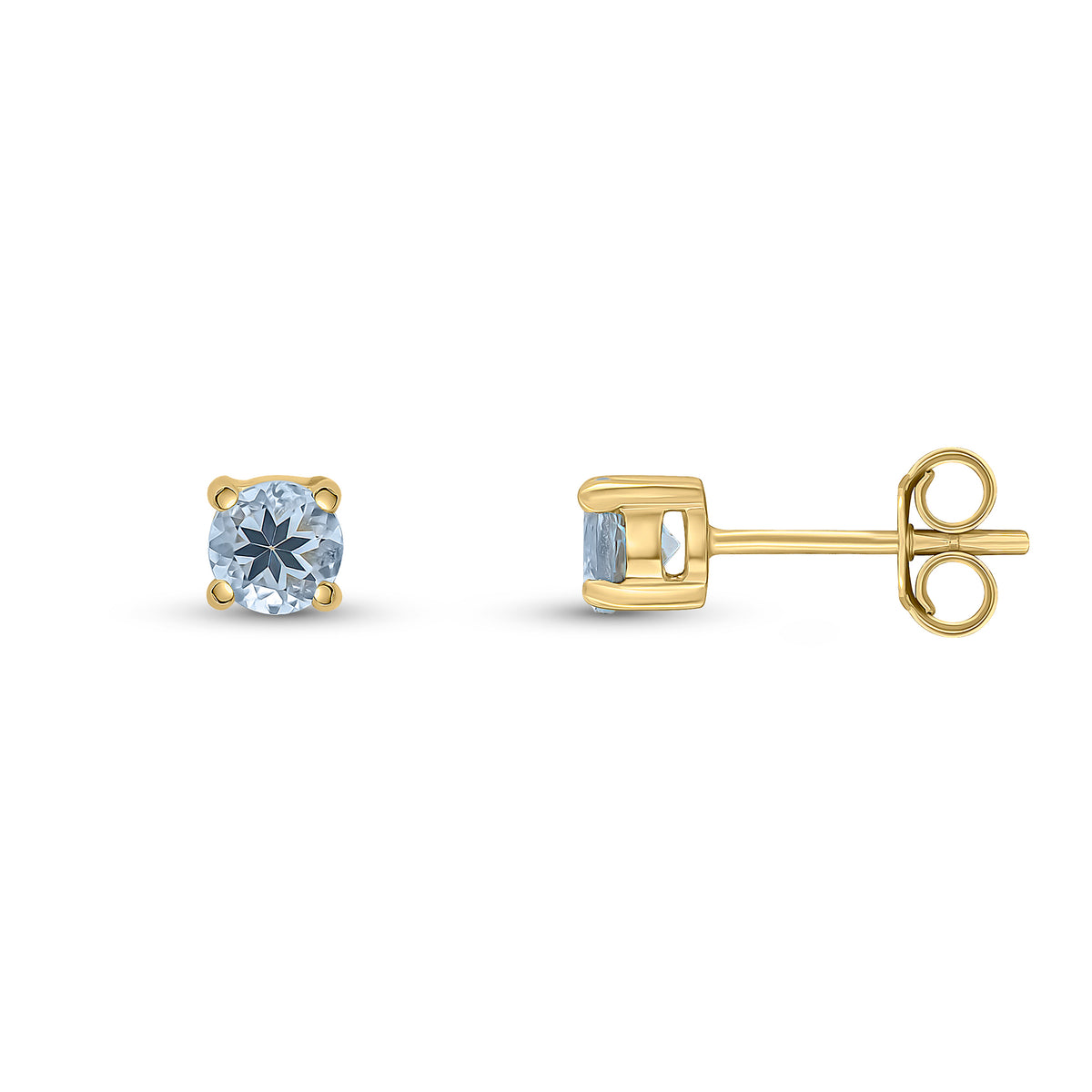 9CT YG 4MM ROUND AQUA 4 CLAW EARRINGS