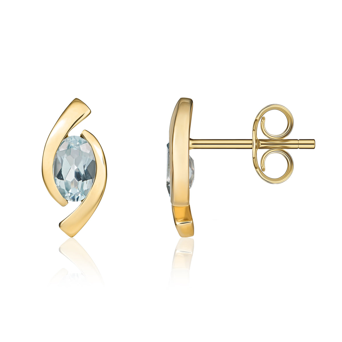 9CT YG 6X4 OVAL AQUA 'EYE' STUD EARRINGS