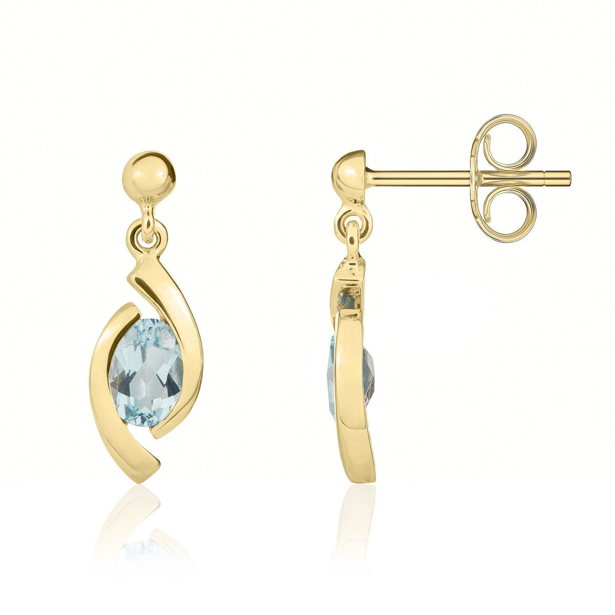 9CT YG 6X4 OVAL AQUA 'EYE' DROP EARRINGS WITH 3MM BEAD TOP