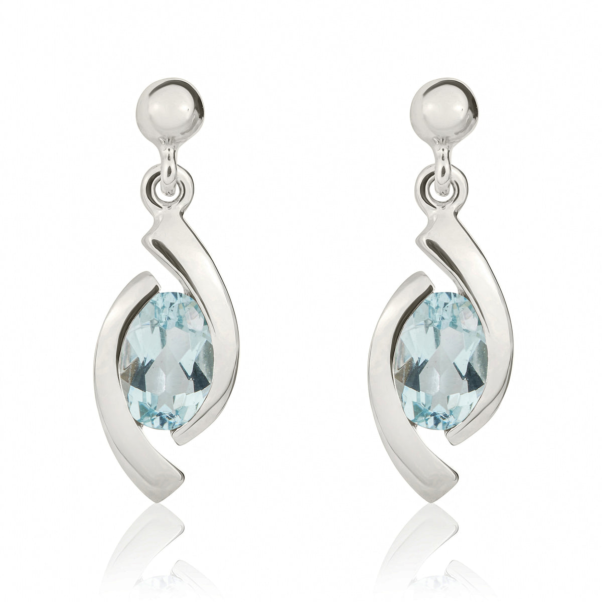 9CT WG 6X4 OVAL AQUA 'EYE' DROP EARRINGS WITH 3MM BEAD TOP