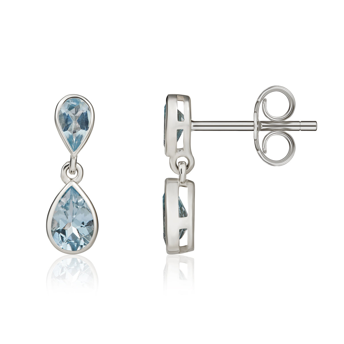 9CT WG PEARSHAPE AQUA 2 STONE RUBOVER DROP EARRINGS