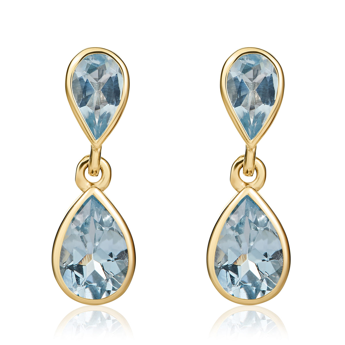 9CT YG PEARSHAPE AQUA 2 STONE RUBOVER DROP EARRINGS