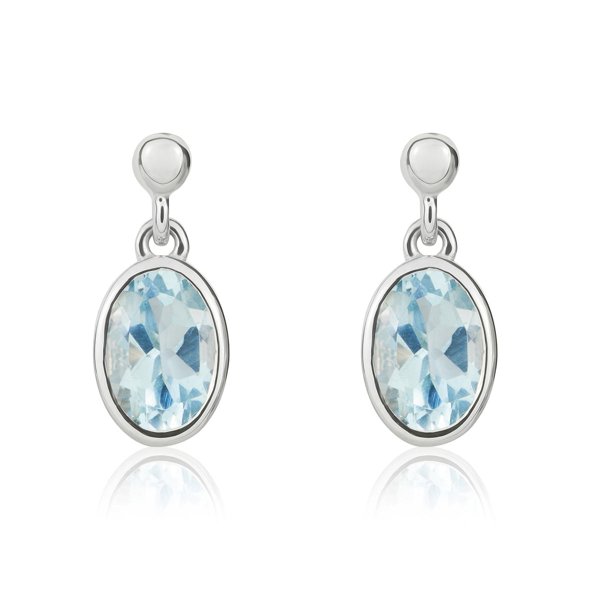 9CT WG 7X5MM OVAL AQUA RUBOVER DROP EARRINGS WITH BEAD TOP