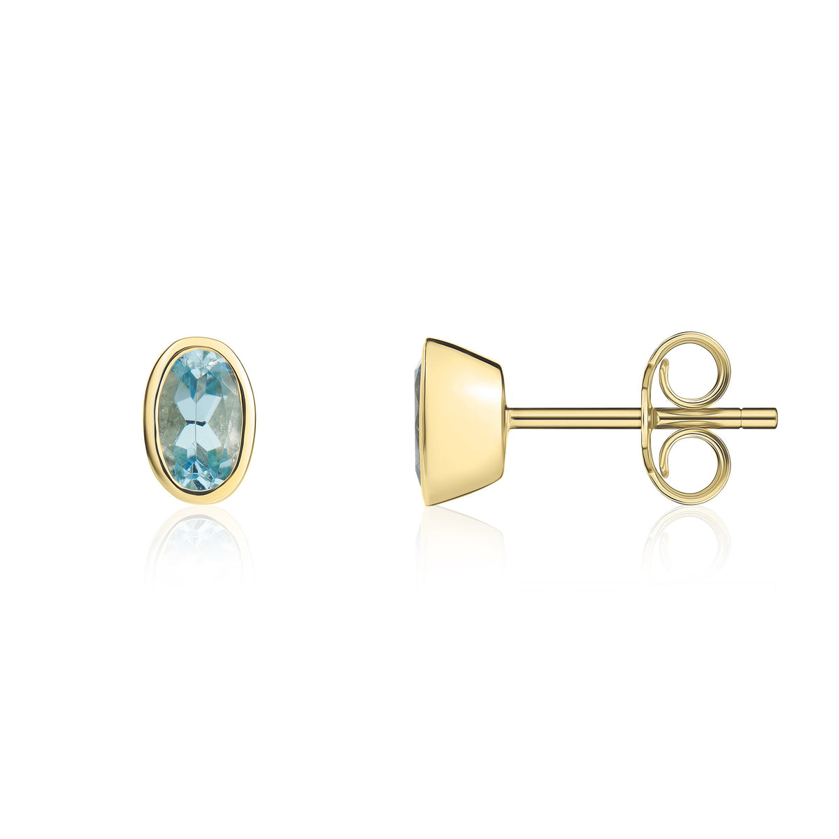 9CT YG 5X3MM OVAL AQUA RUBOVER STUD EARRINGS