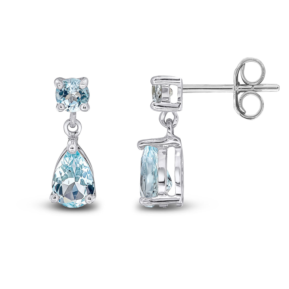 9CT WG ROUND AND PEARSHAPE AQUA 2ST CLAW SET DROP EARRINGS