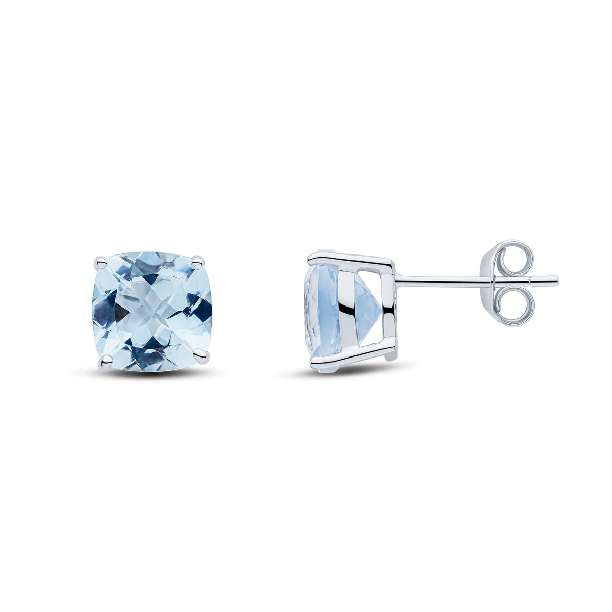9CT WG 8MM CUSHION AQUA CLAW SET EARRINGS