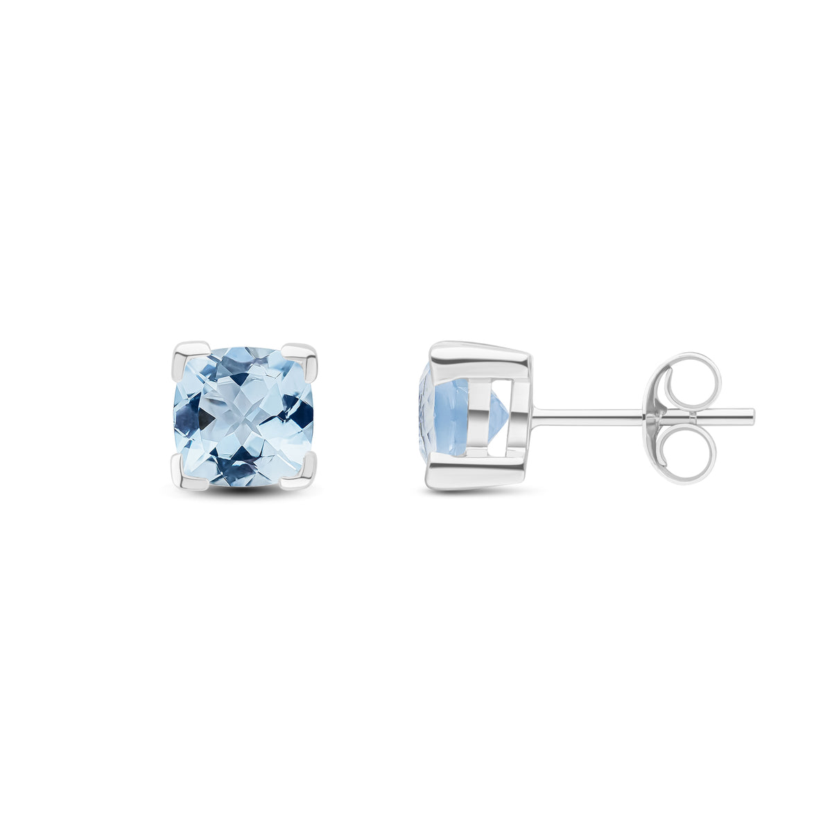 9CT WG 6MM CUSHION AQUA CLAW SET EARRINGS
