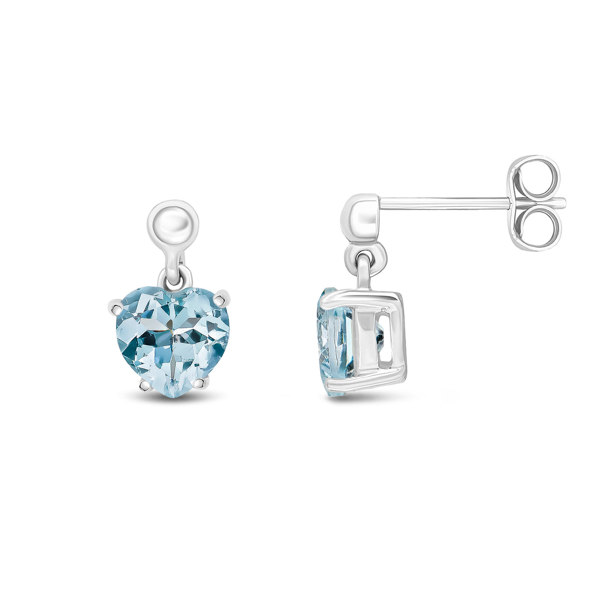 9CT WG 6MM HEART-SHAPE AQUA CLAW SET DROP EARRINGS WITH 3MM BEAD TOP