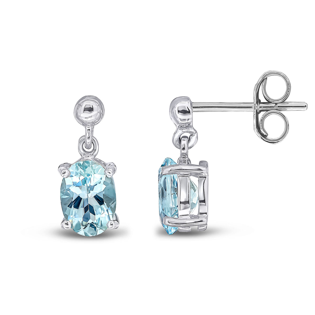9CT WG 7X5 OVAL AQUA CLAW SET DROP EARRINGS WITH BEAD TOP