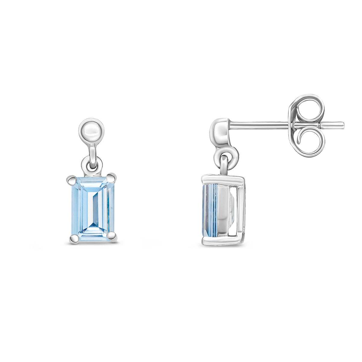 9CT WG 6X4 OCTAGON AQUA CLAW SET DROP EARRINGS WITH BEAD TOP