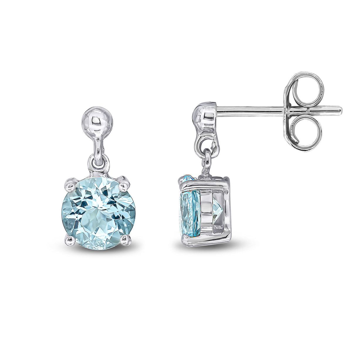 9CT WG 6MM ROUND AQUA CLAW SET DROP EARRINGS WITH BEAD TOP