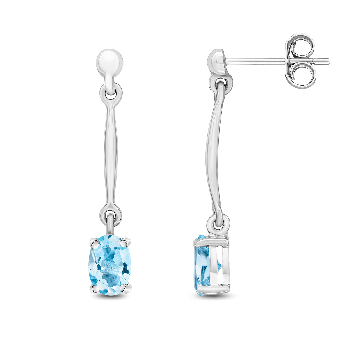 9CT WG CLAW SET 6X4MM OVAL AQUA AND BAR DROP EARRINGS