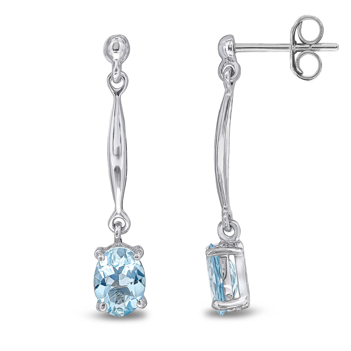 9CT WG 7X5MM OVAL AQUA AND BAR DROP EARRINGS WITH BEAD TOP