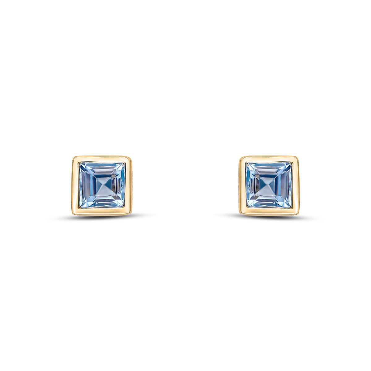 9CT YG 3MM SQUARE AQUA RUBOVER SET EARRINGS